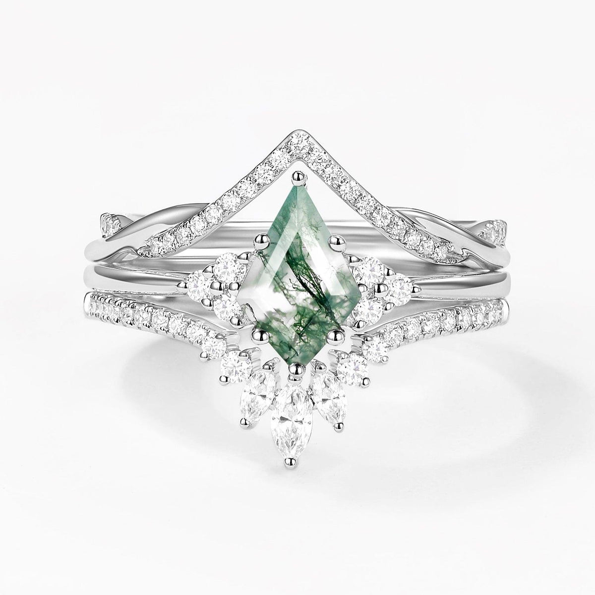Green Moss Agate Kite Cut Infinity Curved Engagement Ring Set 3pcs.