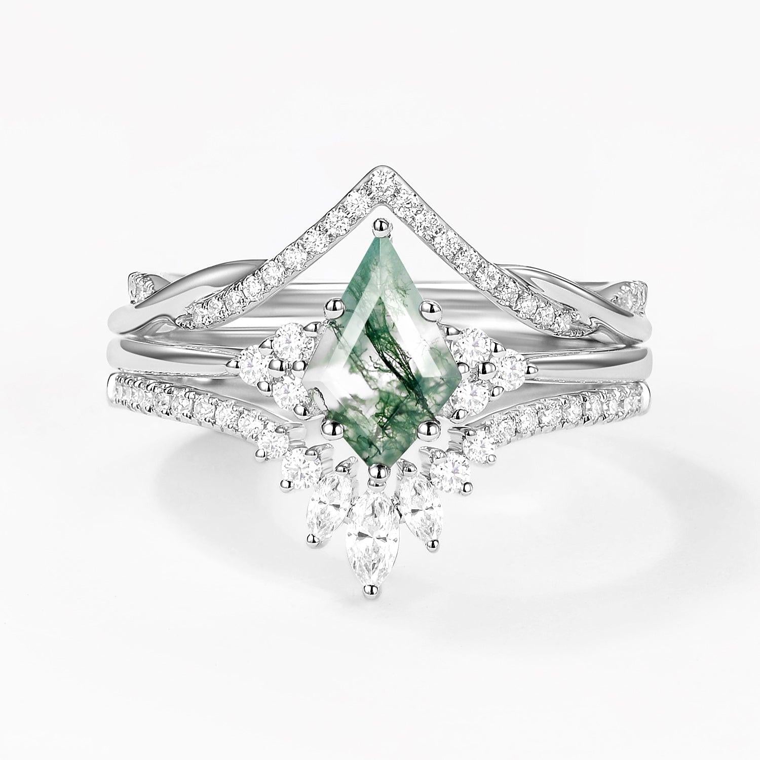 Green Moss Agate Kite Cut Infinity Curved Engagement Ring Set 3pcs.