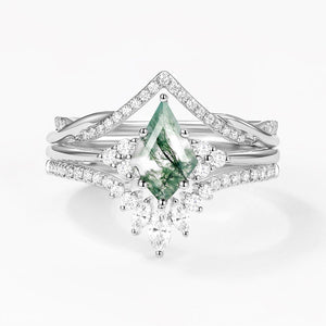 Green Moss Agate Kite Cut Infinity Curved Engagement Ring Set 3pcs.