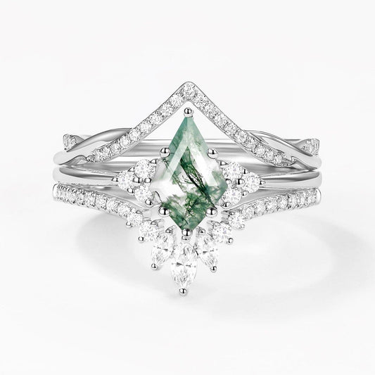 Green Moss Agate Kite Cut Infinity Curved Engagement Ring Set 3pcs.