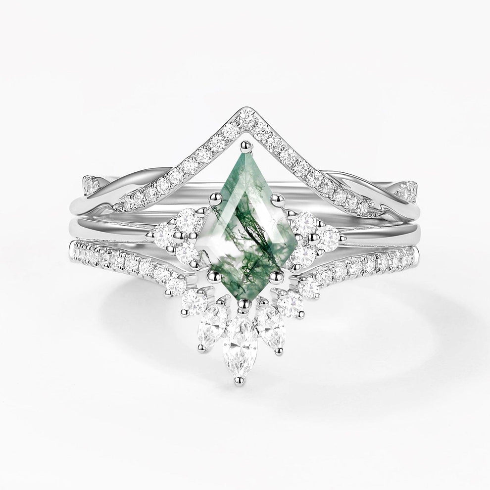 Green Moss Agate Kite Cut Infinity Curved Engagement Ring Set 3pcs.