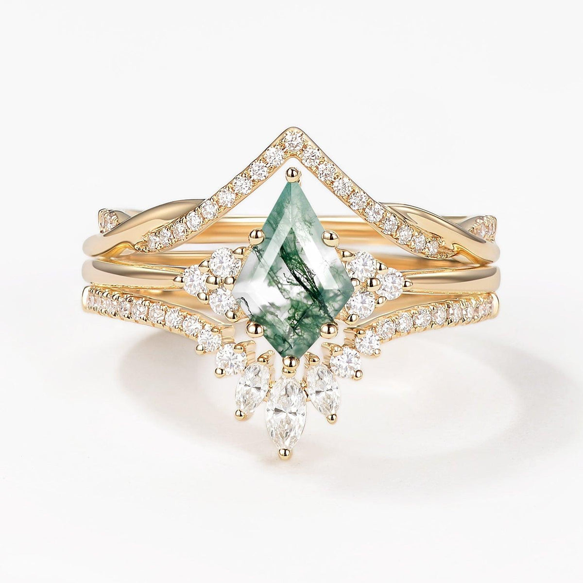 Green Moss Agate Kite Cut Infinity Curved Engagement Ring Set 3pcs.