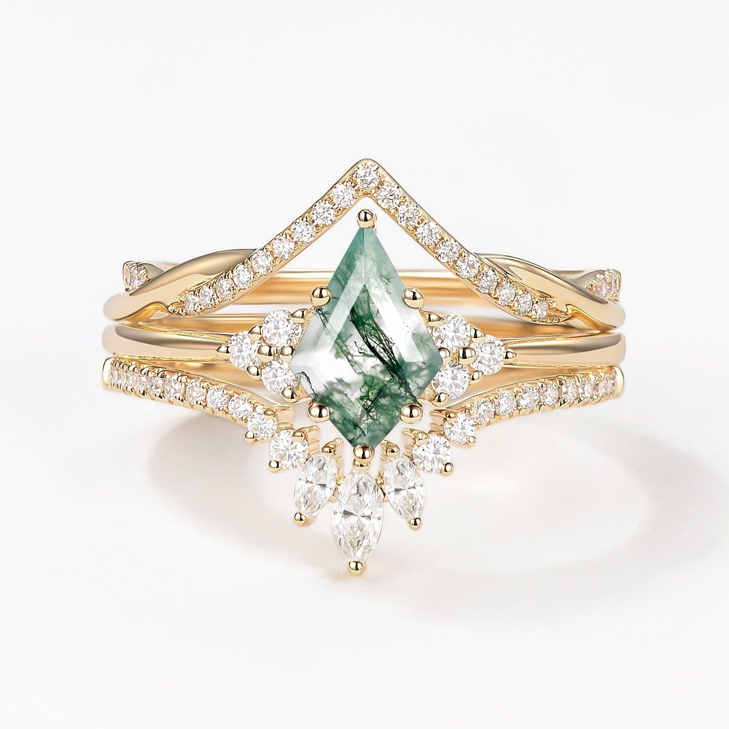 Green Moss Agate Kite Cut Infinity Curved Engagement Ring Set 3pcs.