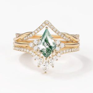 Green Moss Agate Kite Cut Infinity Curved Engagement Ring Set 3pcs.