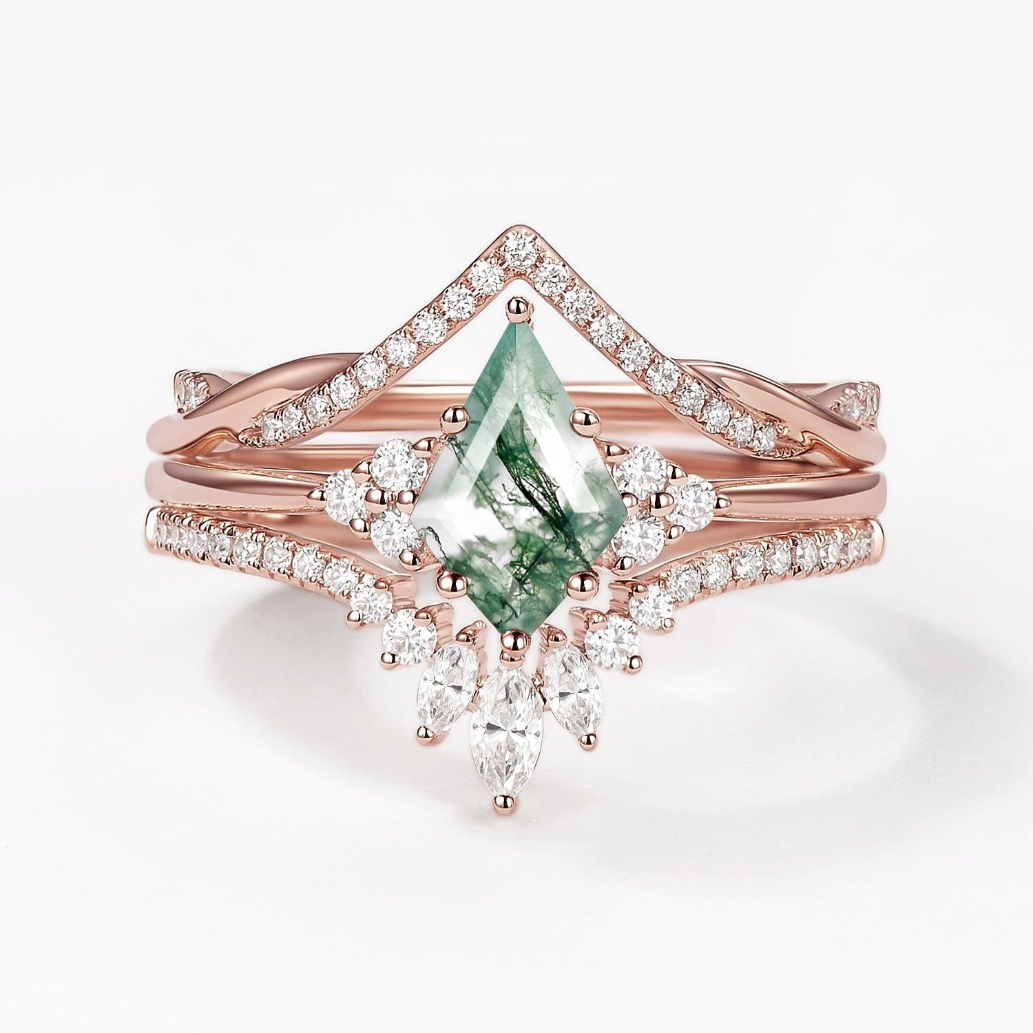 Green Moss Agate Kite Cut Infinity Curved Engagement Ring Set 3pcs.