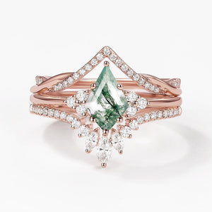 Green Moss Agate Kite Cut Infinity Curved Engagement Ring Set 3pcs.