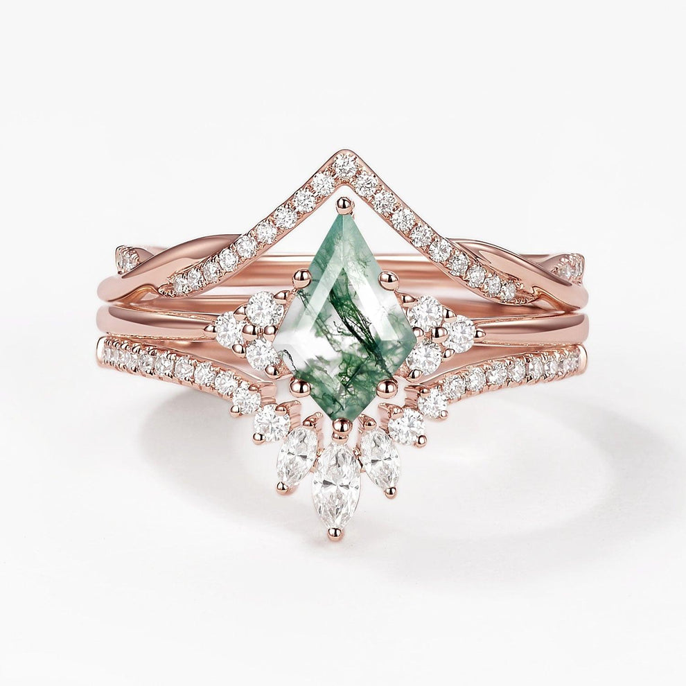Green Moss Agate Kite Cut Infinity Curved Engagement Ring Set 3pcs.