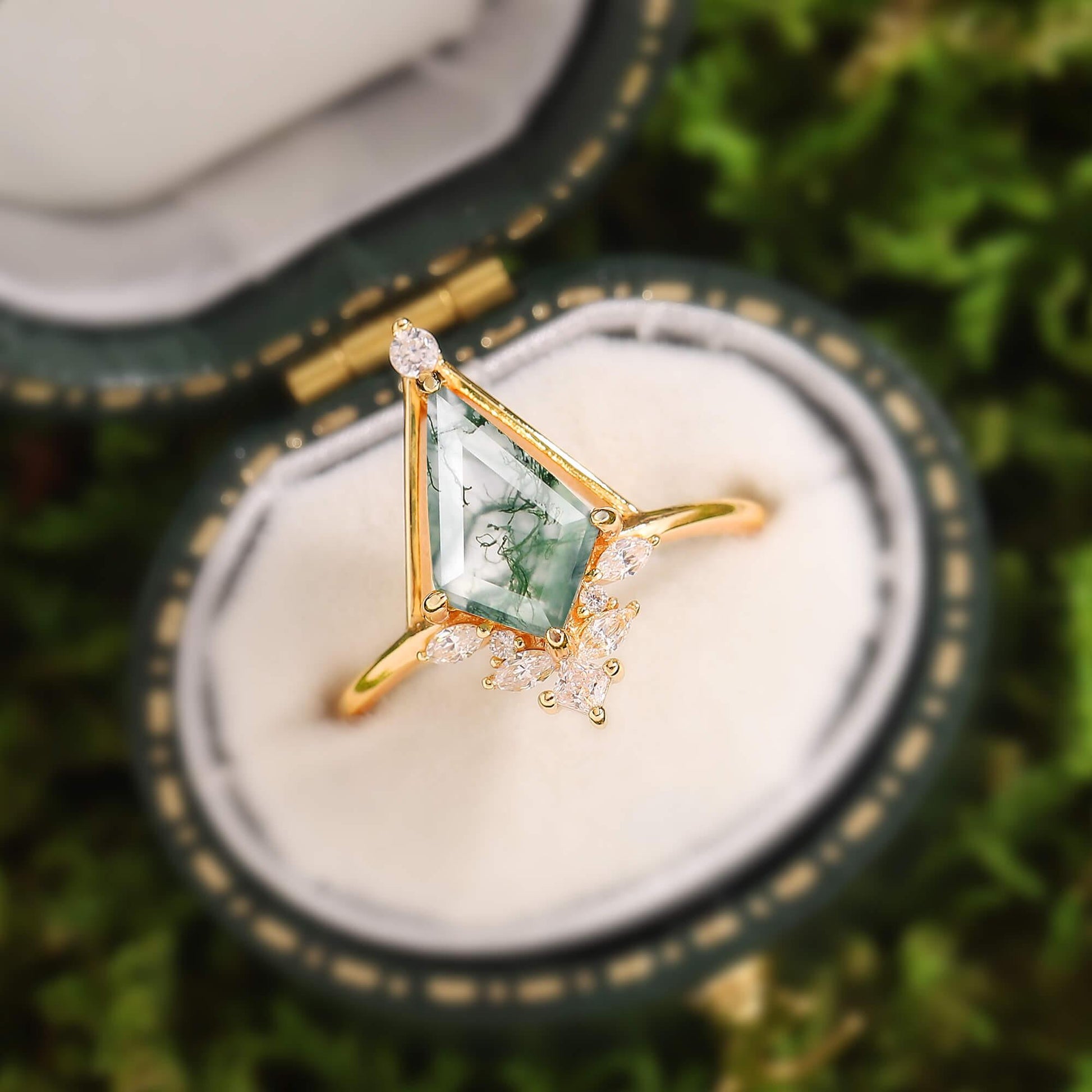 Unique Kite Cut Moss Agate Engagement Ring.