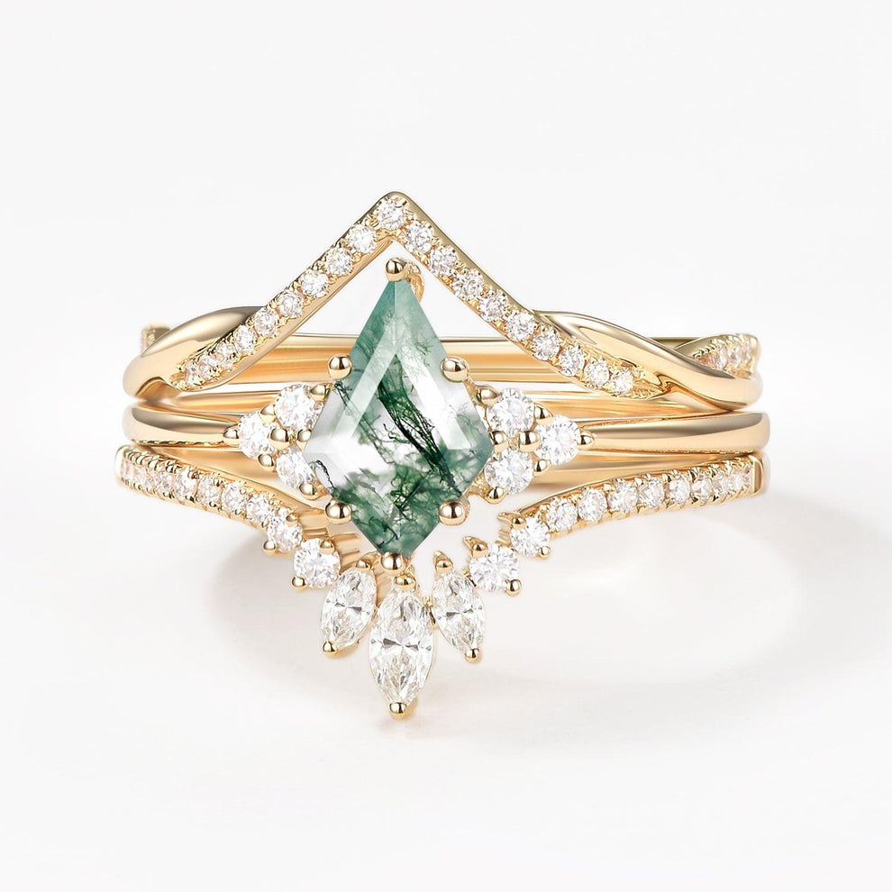 Green Moss Agate Kite Cut Infinity Curved Engagement Ring Set 3pcs.