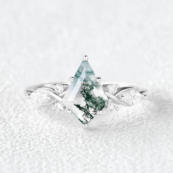 Unique Kite Cut Moss Agate Leafy Engagement Ring.