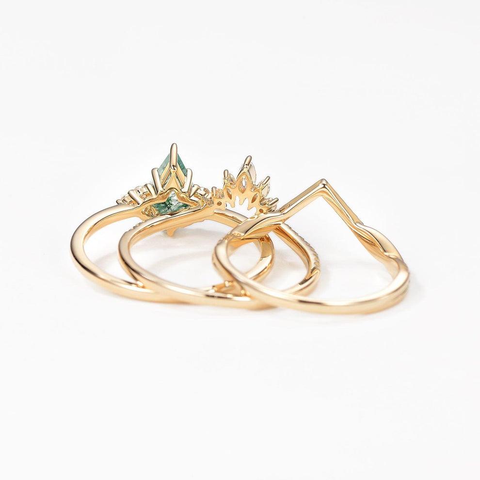 Green Moss Agate Kite Cut Infinity Curved Engagement Ring Set 3pcs.