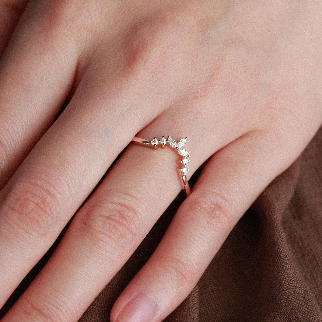 Marquise Shaped Curved Moissanite Gold Wedding Band.