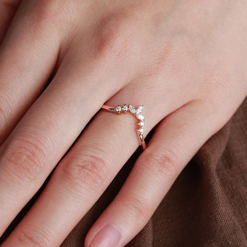 Marquise Shaped Curved Moissanite Gold Wedding Band.