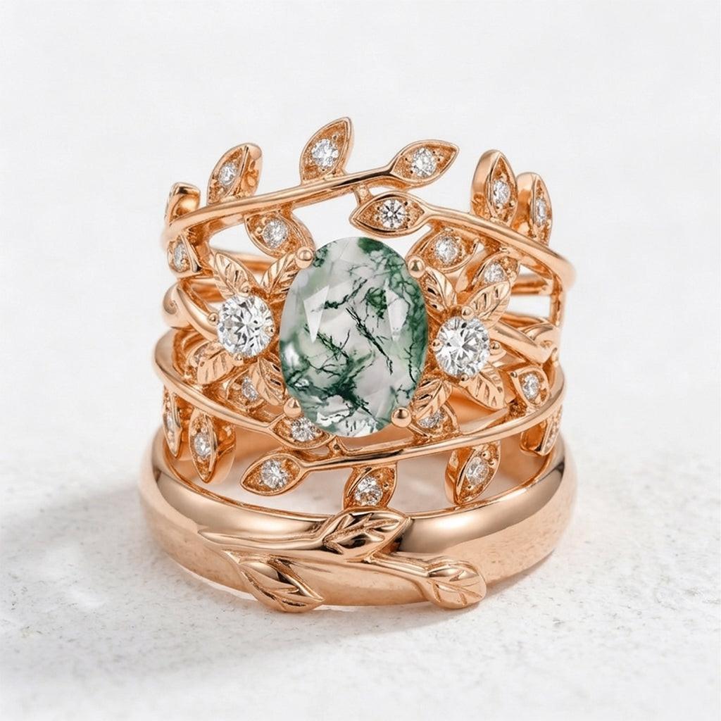 Léonie Oval Cut Moss Agate Leafy Gold Couple Ring Set.