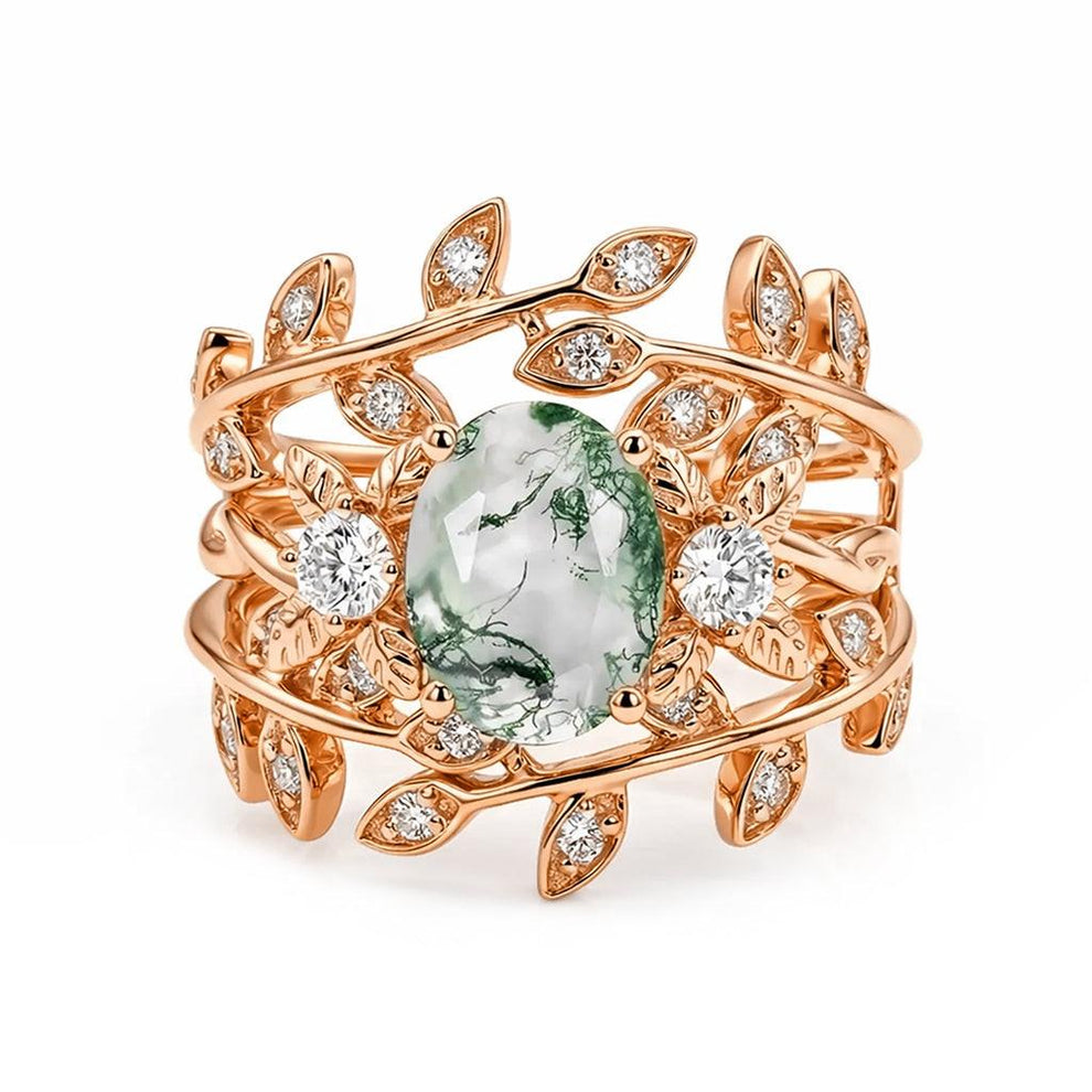 Léonie Oval Cut Moss Agate Leafy Gold Couple Ring Set.