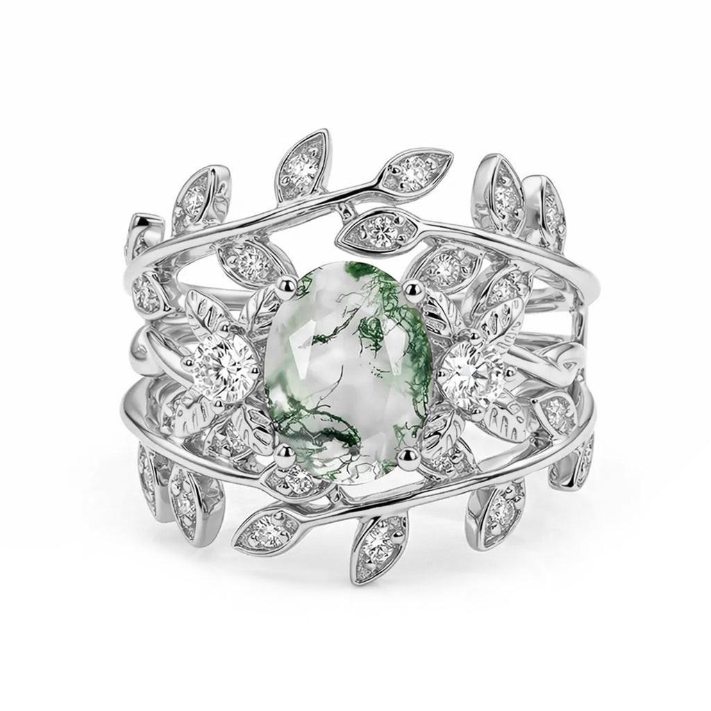 Léonie Oval Cut Moss Agate Leafy Gold Couple Ring Set.