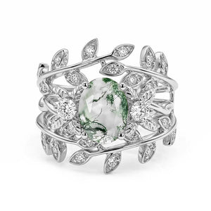 Léonie Oval Cut Moss Agate Leafy Gold Couple Ring Set.
