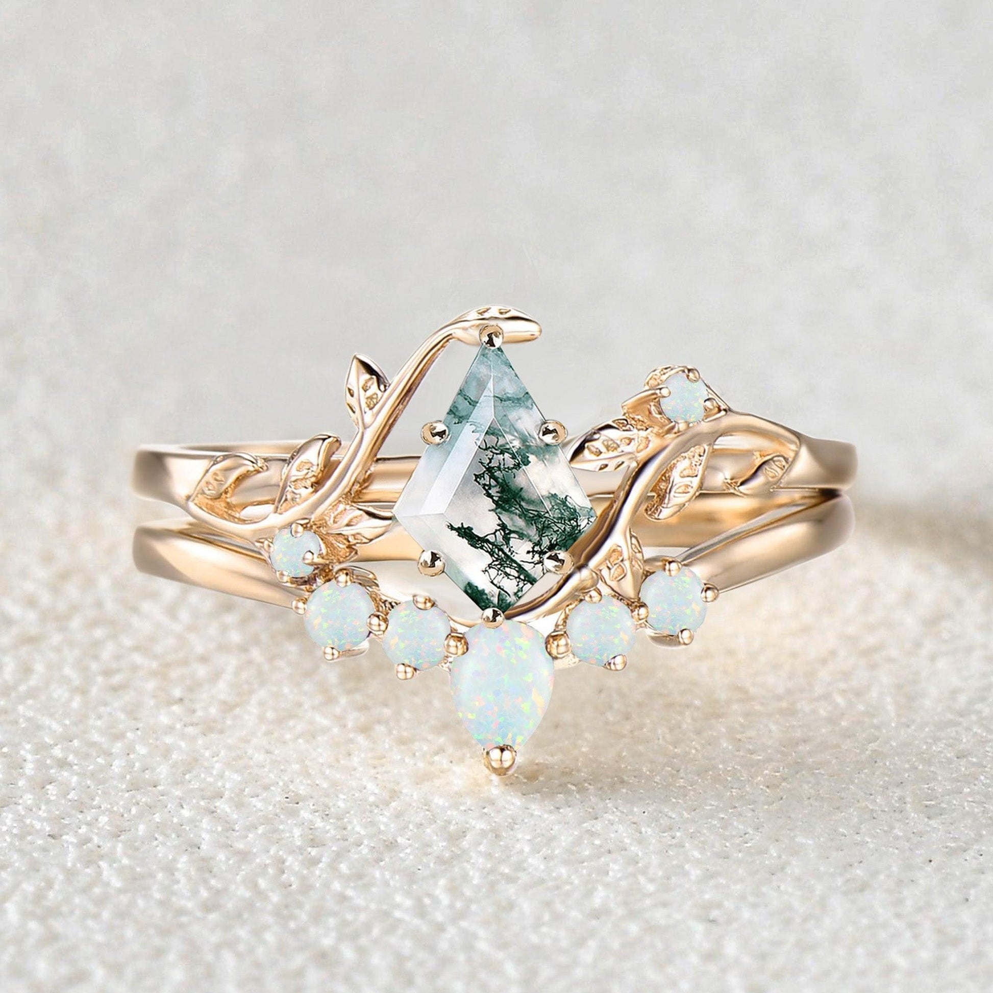 Willow Colorful Stones Unique Kite Cut Moss Agate Leafy Bridal Ring Sets 2pcs.