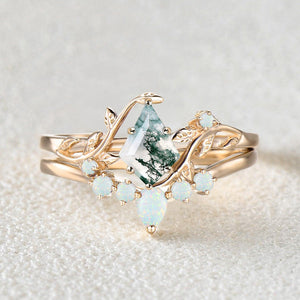 Willow Colorful Stones Unique Kite Cut Moss Agate Leafy Bridal Ring Sets 2pcs.