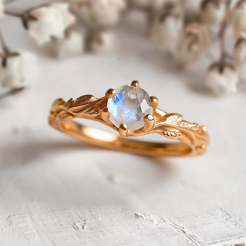 Aurora’s Moonvine | Moonstone Engagement Ring with Vine Motif.