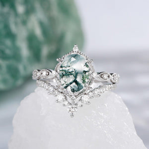 Charlotte 1.5ct Signature Moss Agate Vintage Ring Set 2pcs.