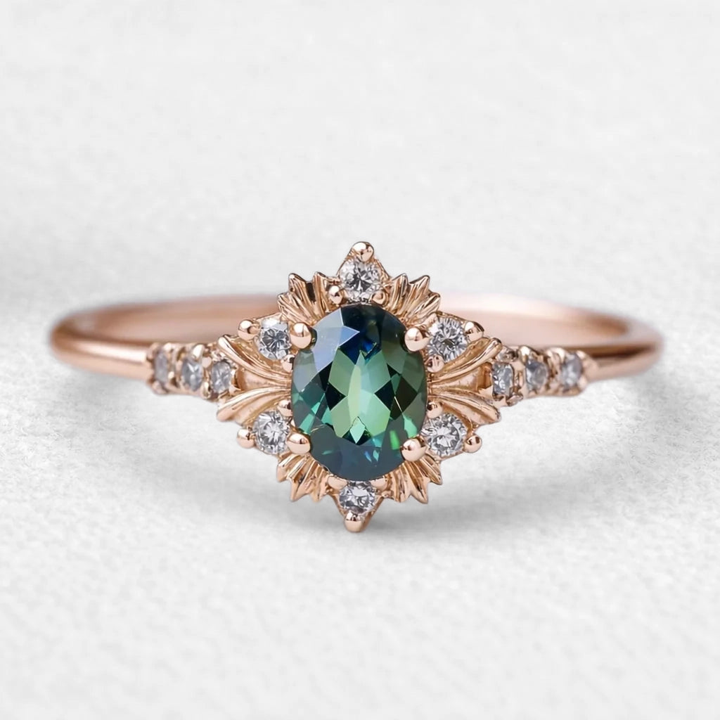 Enshrined Glow | Vintage Oval Cut Emerald Halo Engagement Ring.