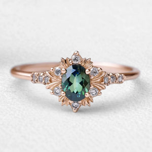 Rosalind‘s Bloom | Oval Cut Green Moissanite Halo Engagement Ring