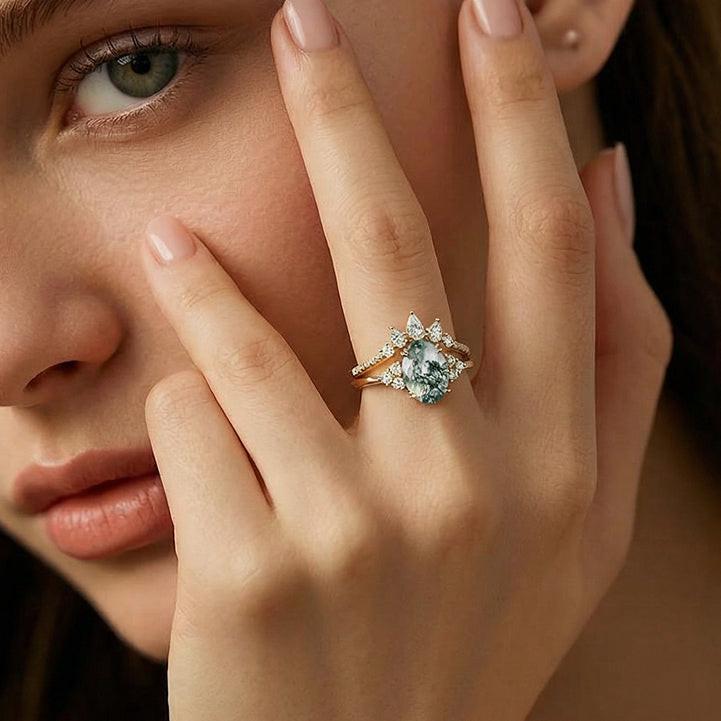 Oval Cut Moss Agate Cluster Gold Ring Set 2pcs.