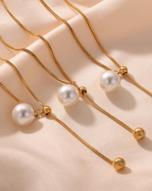 Adjustable Gold Pearl Pendant Necklace with Slider Knot Charm