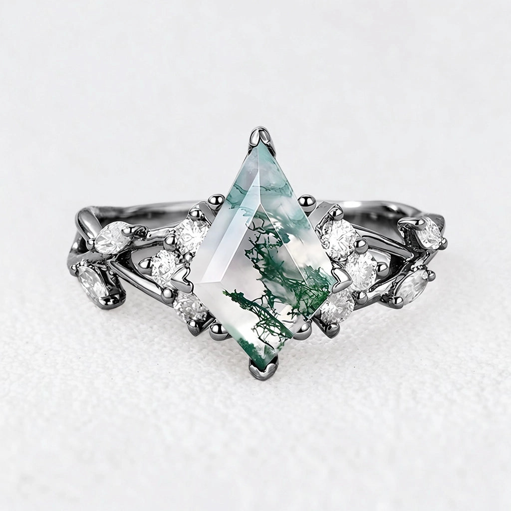 Rosalind’s Wreath | Kite Moss Agate Moissanite Accents Engagement Ring