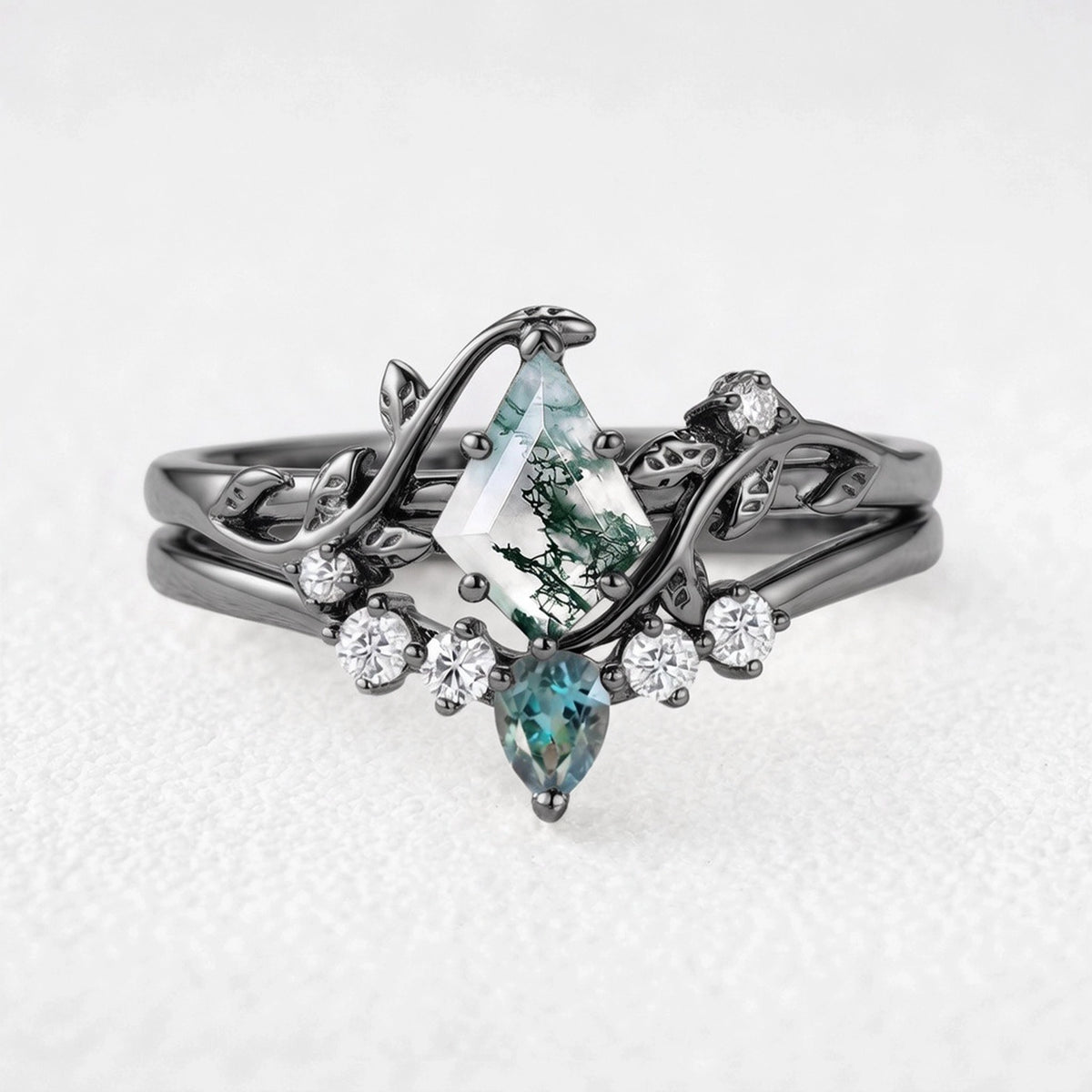 Sylvie’s Bower | Kite Cut Moss Agate & Teal Sapphire Foliage Bridal Duo