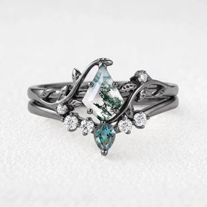 Sylvie’s Bower | Kite Cut Moss Agate & Teal Sapphire Foliage Bridal Duo