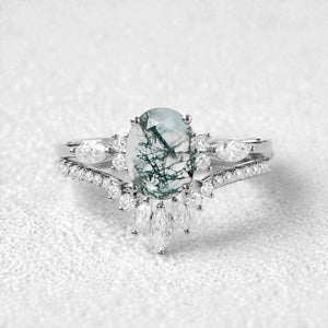 Elara’s Ellipse | Oval Cut Moss Agate Engagement Ring Set 2pcs.