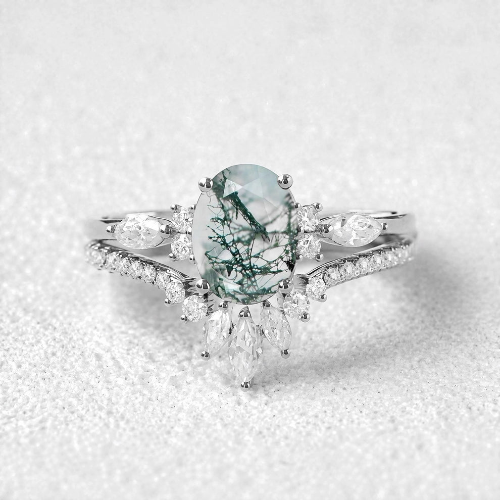 Elara’s Ellipse | Oval Cut Moss Agate Engagement Ring Set 2pcs.