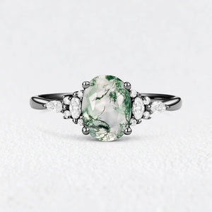 Sylvie’s Dew | Classic Oval Moss Agate Engagement Ring with Diamond Accents