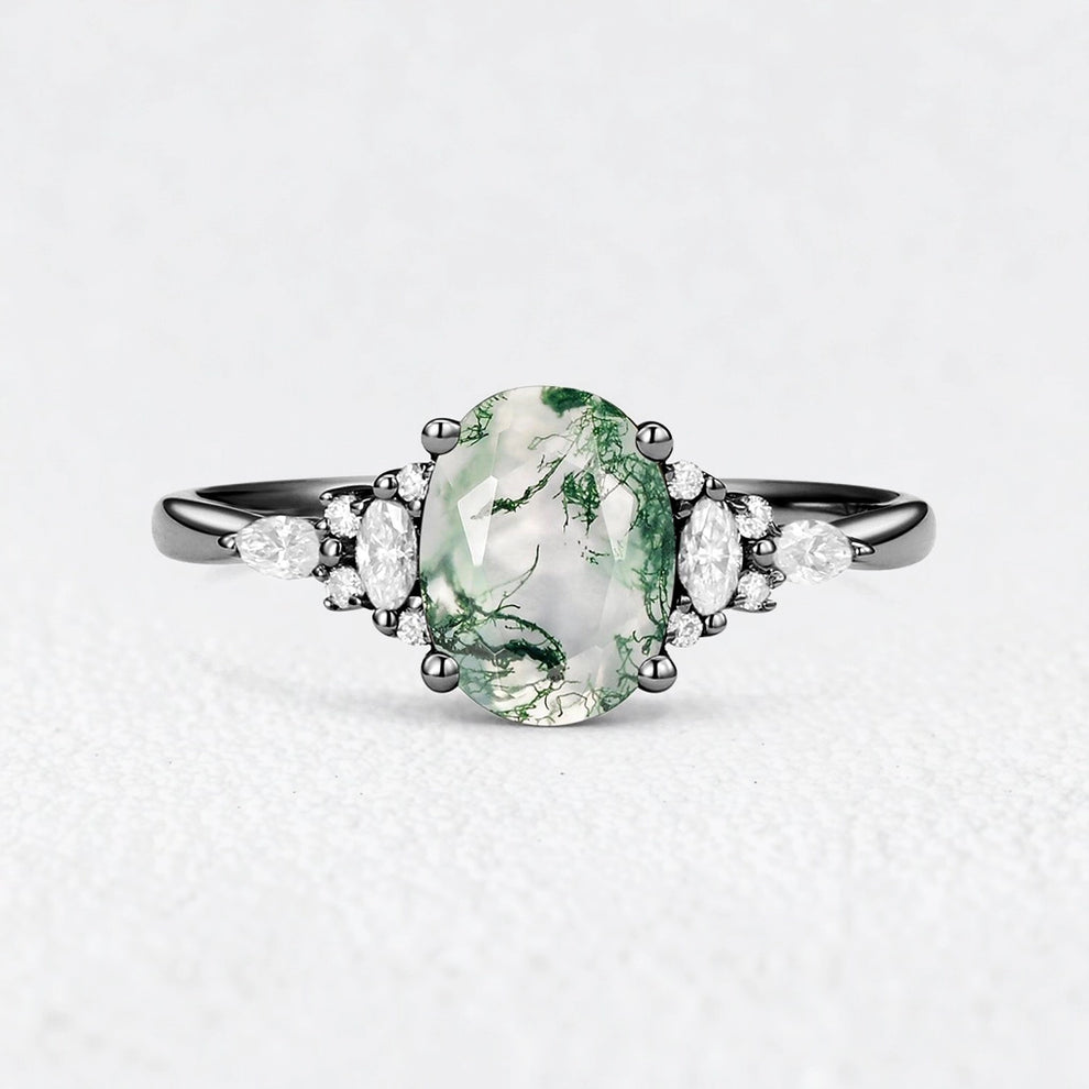 Sylvie’s Dew | Classic Oval Moss Agate Engagement Ring with Diamond Accents