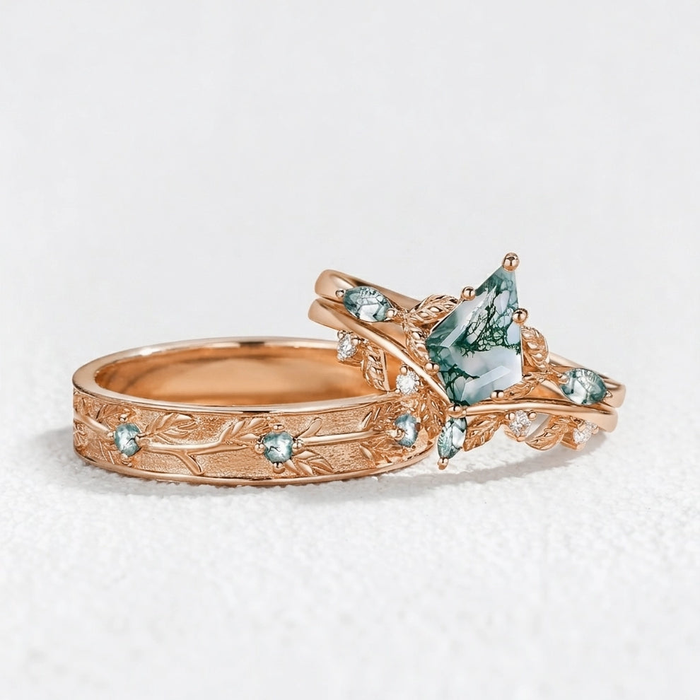 Sylvie’s Bower | Kite Cut Moss Agate Leafy Cluster Couple Ring Set 3pcs.