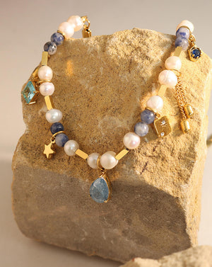 Eclectic Pearl Beaded Gold Chain Gemstone Charm Necklace