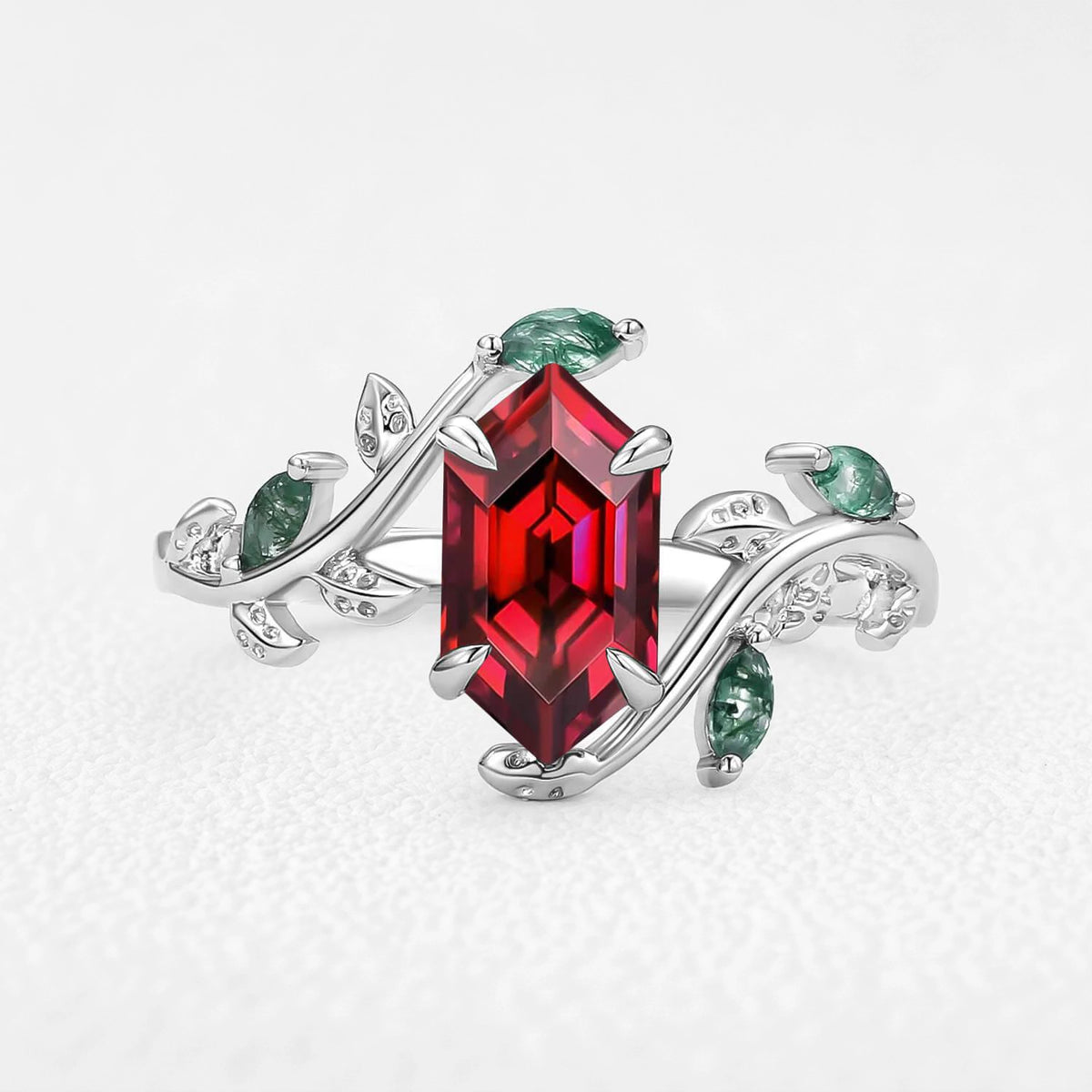 Sylvie’s Herbarium | Vintage Hexagon Moss Agate & Emerald Leafy Engagement Ring