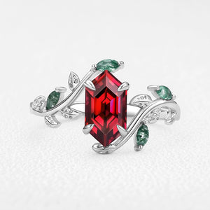 Sylvie’s Herbarium | Vintage Hexagon Moss Agate & Emerald Leafy Engagement Ring
