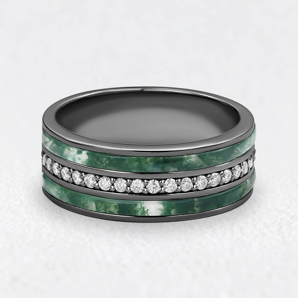 Atlas Keystone | 8MM Wide Moss Agate & Diamond Men's Wedding Band.