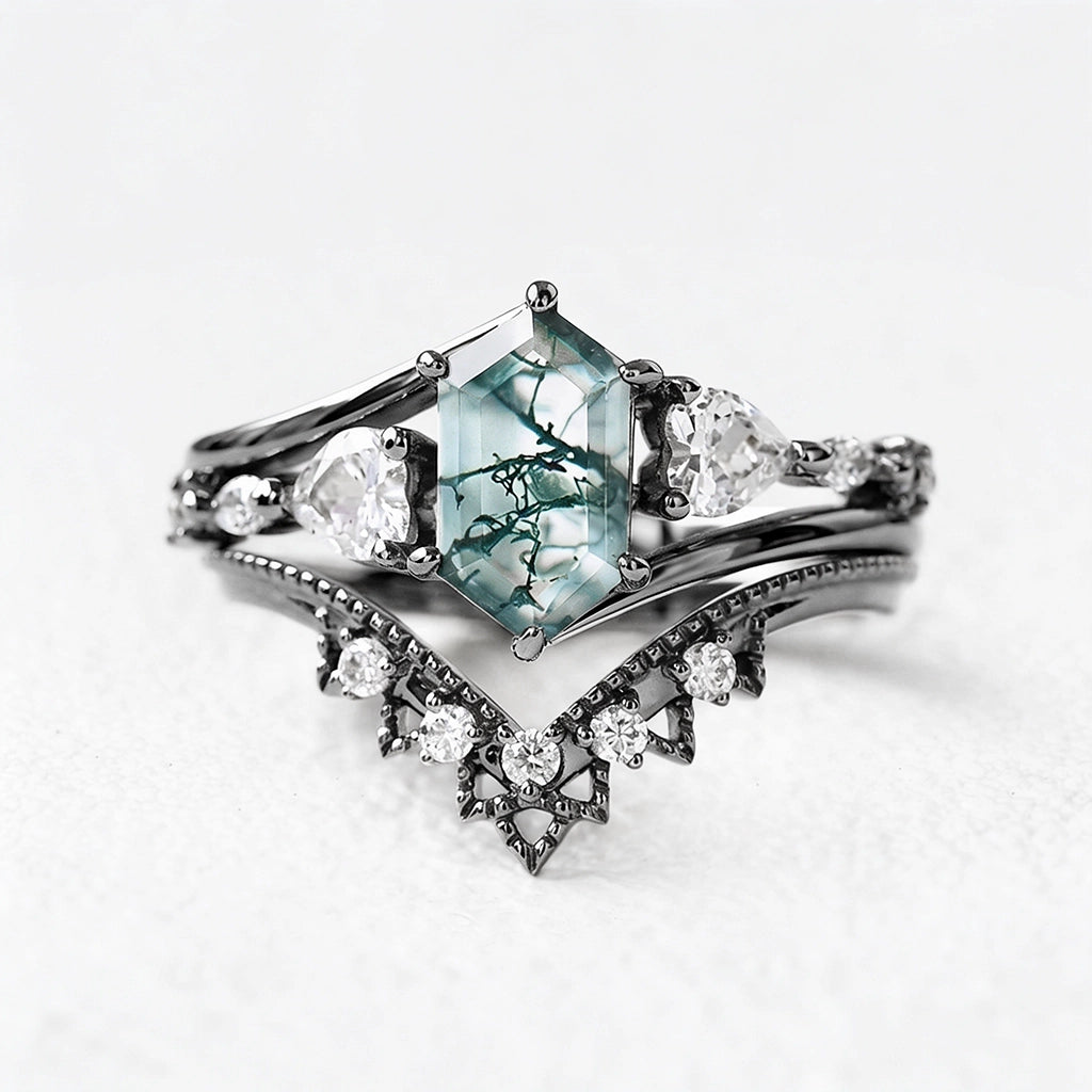 Alexandra’s Heritage | Hexagon Moss Agate Art-Deco Bridal Duo