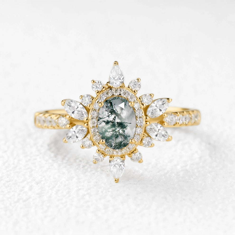 Verdana’s Nimbus | Oval Moss Agate Halo  Engagement Ring.