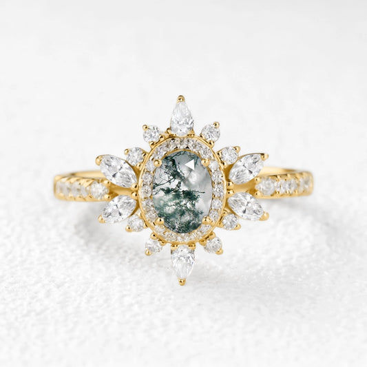 Verdana’s Nimbus | Oval Moss Agate Halo  Engagement Ring.