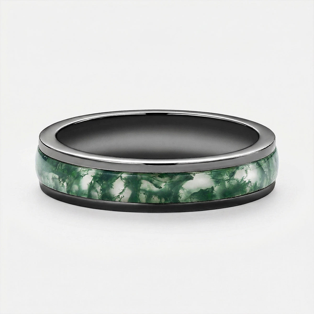 Evergreen Vows | Oval Moss Agate Leaf Veil Black Gold Couple Set 3pcs.