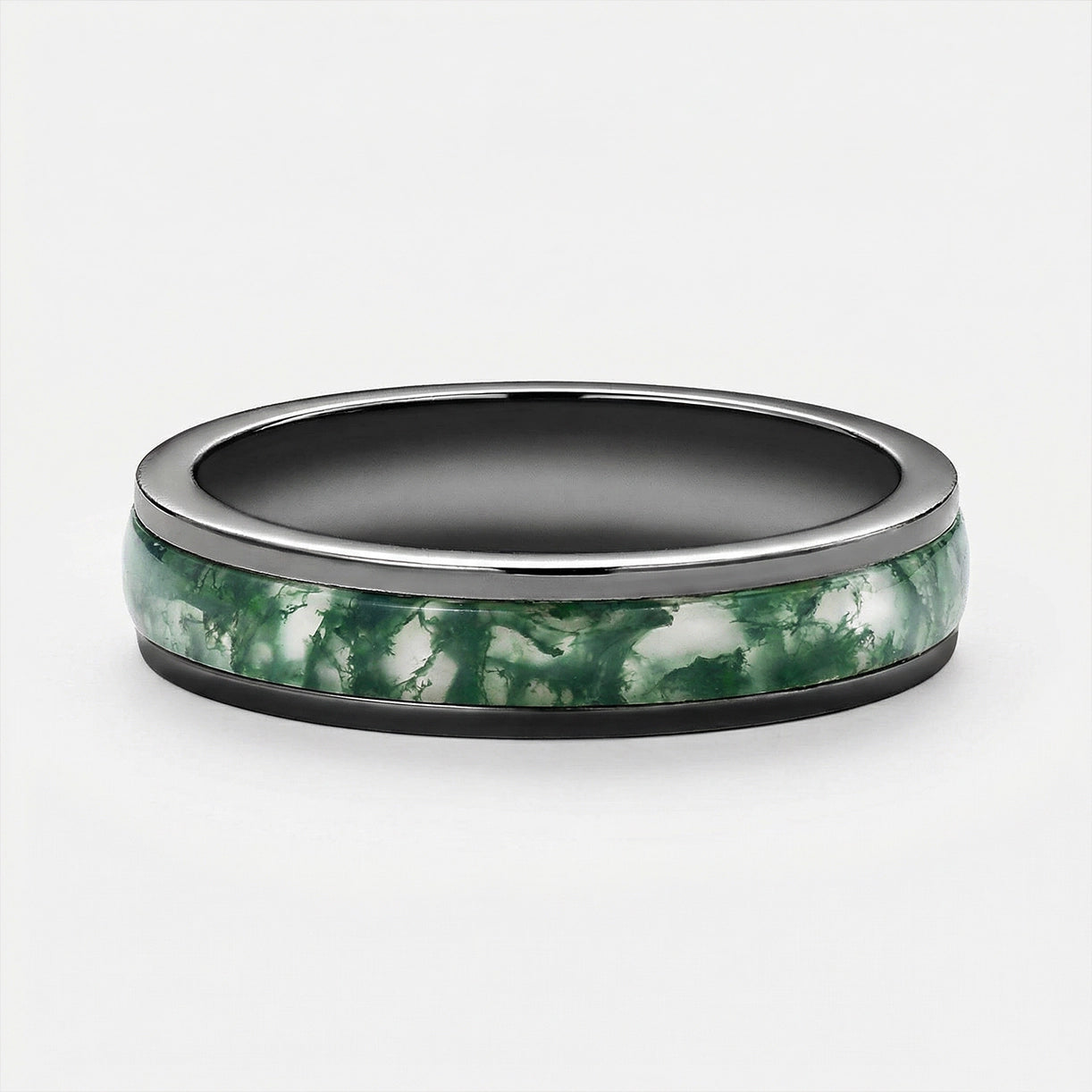 Evergreen Vows | Oval Moss Agate Leaf Veil Black Gold Couple Set 3pcs.
