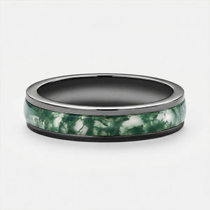 Evergreen Vows | Oval Moss Agate Leaf Veil Black Gold Couple Set 3pcs.
