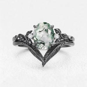 Isadora’s Gilded | Oval Moss Agate Leafy Gold Bridal Duo