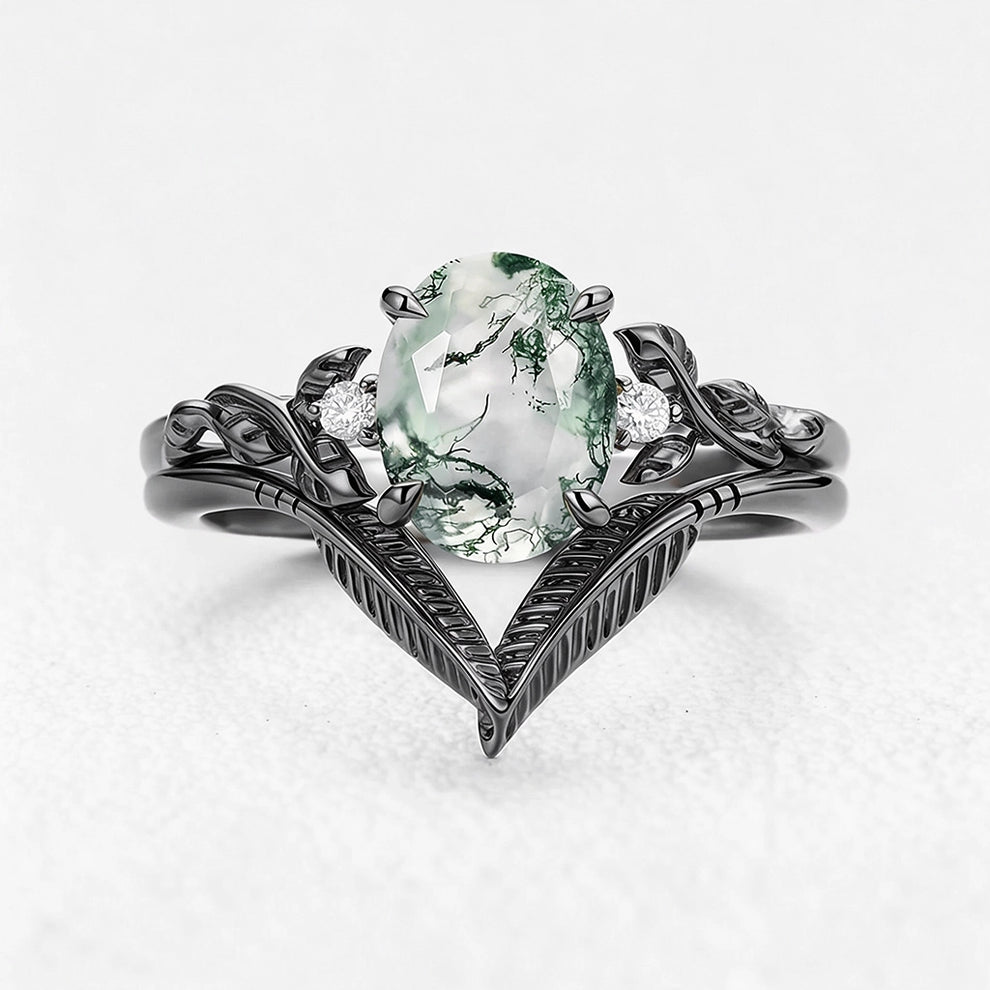 Isadora’s Gilded | Oval Moss Agate Leafy Gold Bridal Duo