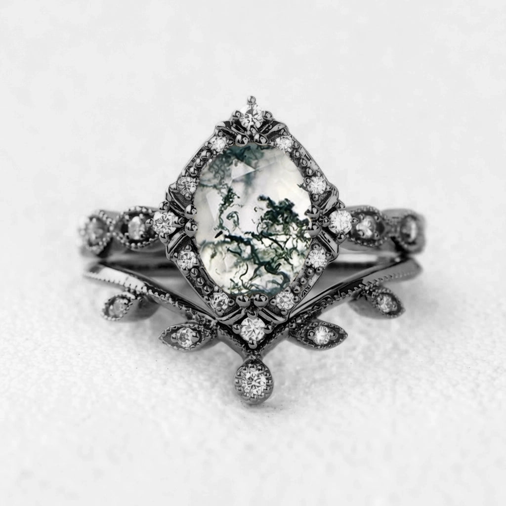 Oval Moss Agate & Moissanite Floral Ring Set 2pcs.